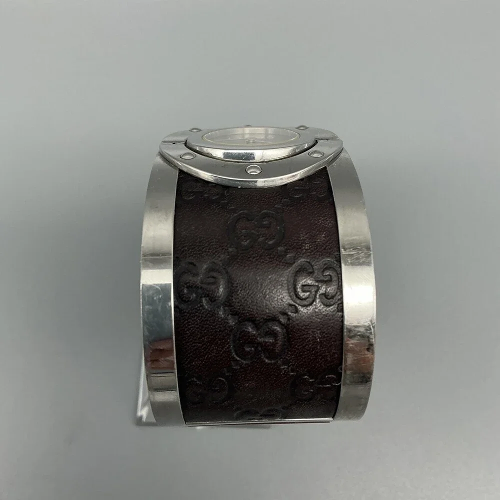 Gucci Twirl 112 Womens Watch 23mm Brown Leather GG Bangle Swiss New Battery 6.5